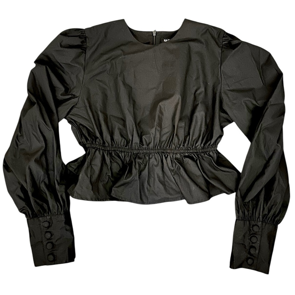 Nasty Gal Black Long Sleeve Cinched Waist Peplum Top (Size 4)